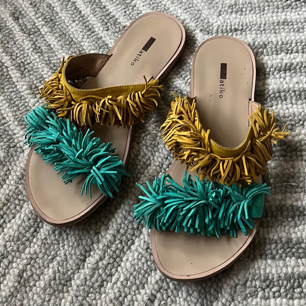 Anthropologie Fringe Sandals Blue and Yellow